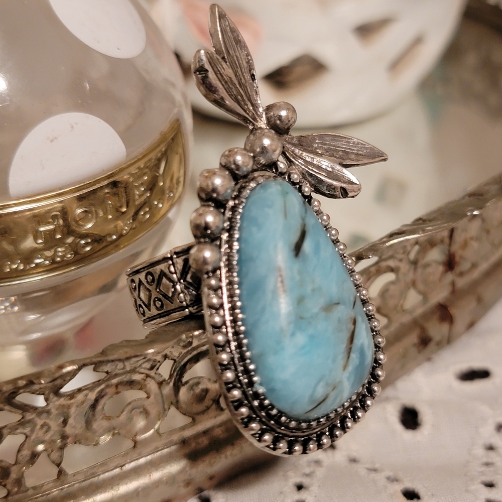 Dragonfly Faux Turquoise beaded stone Boho hippie South western ring NWT - Picture 5 of 15